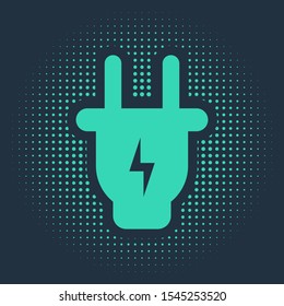 Green Electric plug icon isolated on blue background. Concept of connection and disconnection of the electricity. Abstract circle random dots. Vector Illustration