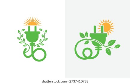 Green electric plug with leaves and sun in flat style green energy power plug
