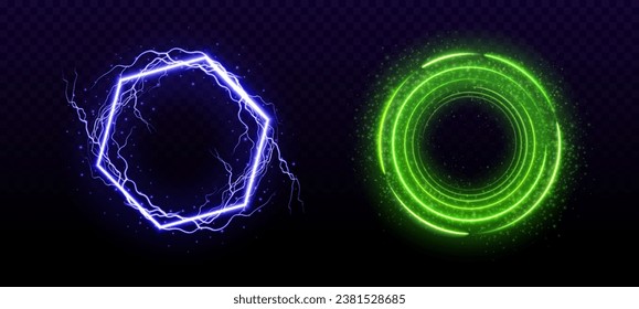 Portal verde y eléctrico con efecto neón. Anillo mágico de resplandor con vector circular de energía. Holograma de juego de 3d aura círculo power ui. Fantasía mística movimiento de brillo de fibra de trueno radial