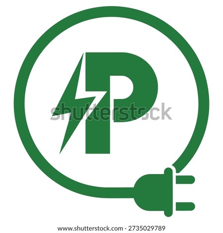 Green electric power symbol with plug and lightning bolt in circle icon