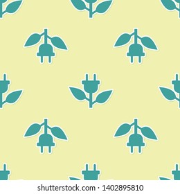 Green Electric saving plug in leaf icon isolated seamless pattern on yellow background. Save energy electricity icon. Environmental protection icon. Bio energy. Vector Illustration