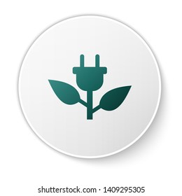 Green Electric saving plug in leaf icon isolated on white background. Save energy electricity icon. Environmental protection icon. Bio energy. White circle button. Vector Illustration