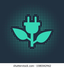 Green Electric saving plug in leaf icon isolated on blue background. Save energy electricity icon. Environmental protection icon. Bio energy. Abstract circle random dots. Vector Illustration
