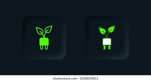 Green Electric saving plug in leaf icon isolated on black background. Save energy electricity. Environmental protection. Bio energy. Black square button. Vector