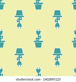 Green Electric saving plug in pot icon isolated seamless pattern on yellow background. Save energy electricity icon. Environmental protection icon. Bio energy. Vector Illustration