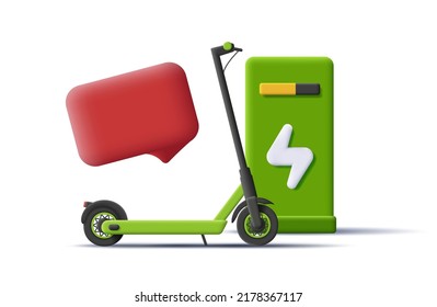 green electric scooter on charging charging with message bubble, green 3d illustration. Vector illustration