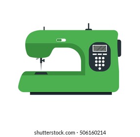 Green Electric Sewing Machine. Cartoon flat Style Illustration for Your Design. Equipment of a Dressmaker or Seamstress. Vector Green  Icon for Handicraft