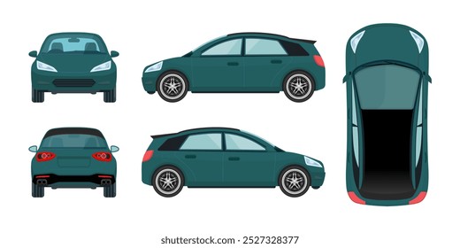 Green Electric Vehicles and Cars: Detailed Views from All Angles - Front, Back, Top, Rear, and Side - Vector Graphics