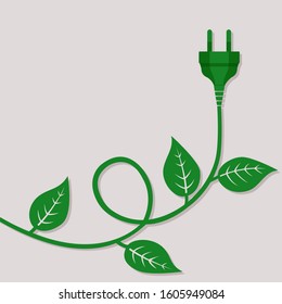 Green electric wire with a plug and leaves on it. Environmental conceptual background with copy space. Eco friendly world concept. Vector illustration, flat design.
