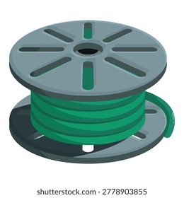 Green electrical cable rolled up on a gray spool, ready for use in various electrical works