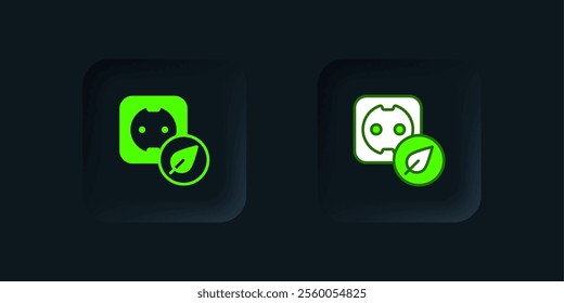 Green Electrical outlet icon isolated on black background. Alternative energy. Clean energy. Power socket. Rosette symbol. Black square button. Vector