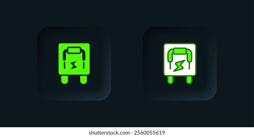 Green Electrical panel icon isolated on black background. Switch lever. Black square button. Vector
