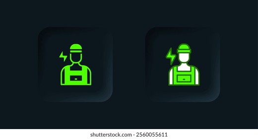 Green Electrician technician engineer icon isolated on black background. Black square button. Vector