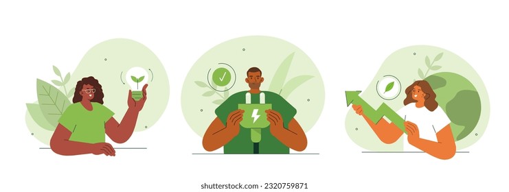 Ilustración del concepto de electricidad verde. Colecciones de personajes masculinos y femeninos que muestran los beneficios del crecimiento económico sostenible con recursos de energía renovable. Conjunto de ilustraciones de vectores