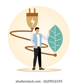 Green electricity concept. A man standing before a leaf and electric plug, symbolizing sustainable energy and environmental awareness.