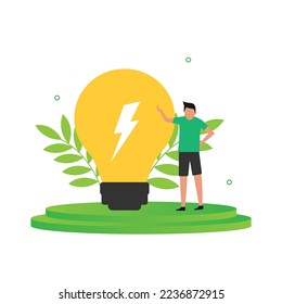 Green electricity concept. Renewable energy. People characters trying to save planet earth. Vector illustration