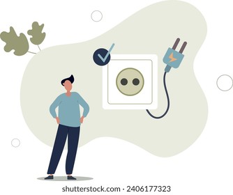 Green electricity concept.characters showing benefits of sustainable economic growth with renewable energy resources.man next to the socket