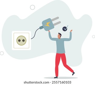 Green electricity concept.characters showing benefits of sustainable economic growth with renewable energy resources.man next to the socket.flat characters.