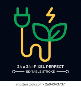 Green electricity dark color line ui icon. Power produced from renewable sources. Sustainable energy. Plug with leaves. Vector duotone outline symbol isolated. User interface element, pixel perfect