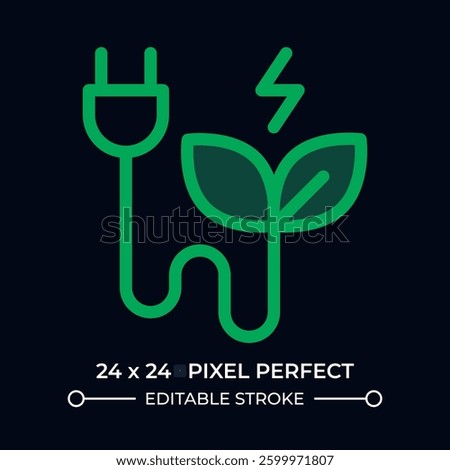 Green electricity dark color ui icon. Power produced from renewable sources. Sustainable energy. Plug with leaves. Vector colorful symbol isolated on black. User interface element, pixel perfect