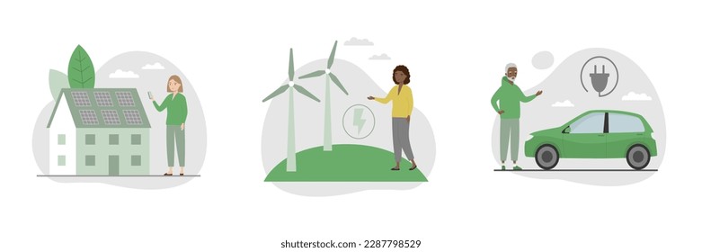 Green electricity energy illustration set. Modern eco private house, electric car and green energy factory. Flat cartoon style. Isolated vector illustration 