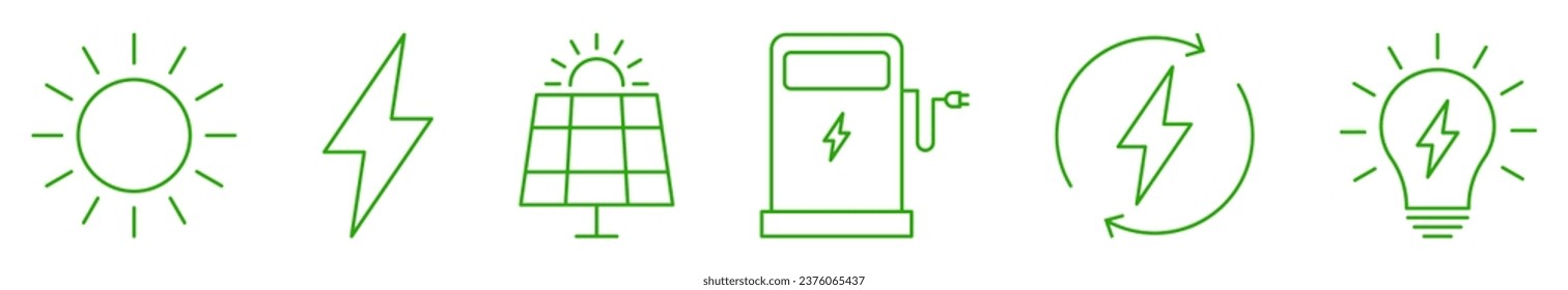 Green electricity icon set. Power clean ennergy concept. Vector illustration isolated on white background
