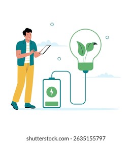 Green Electricity Illustration with Battery Charging Eco Light Bulb and Man Using Tablet. Illustrations for websites, landing pages, mobile apps, posters and banners