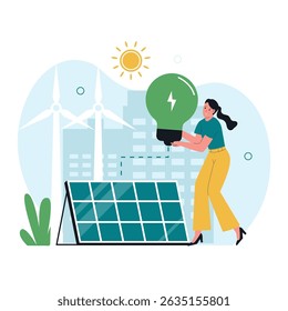 Green Electricity Illustration with Woman Holding Eco Light Bulb and Solar Panel. Illustrations for websites, landing pages, mobile apps, posters and banners
