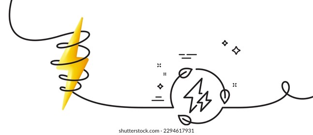 Green electricity line icon. Continuous one line with curl. Leaf energy power sign. Lightning bolt symbol. Green electricity single outline ribbon. Loop curve with energy. Vector