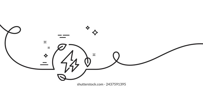 Green electricity line icon. Continuous one line with curl. Leaf energy power sign. Lightning bolt symbol. Green electricity single outline ribbon. Loop curve pattern. Vector