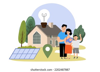  Green Electricity And Power Save Concept.Family Reduce Energy Consumption At Home, Use Energy Saving Light Bulb.Vector Illustration.