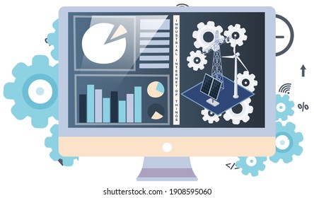 Green electricity, smart alternative energy concept with solar panels, wind turbines, high voltage electricity power transmission grid, industry development dynamics on monitor screen with gear sign