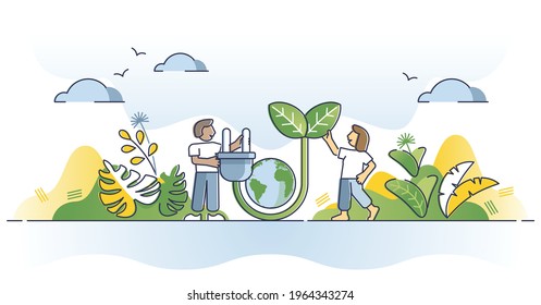 Green electricity as sustainable ecological power consumption outline concept. Alternative environmental resources usage vector illustration. Planet or nature saving using effective electric utilities