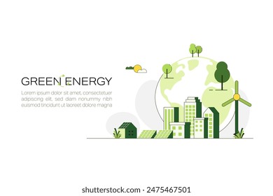 Green electricity. Sustainable renewable energy sources. Environmental, Social, and Corporate Governance concept. Flat Vector illustration.