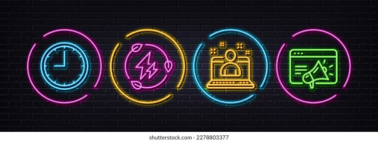 Green electricity, Time and Best manager minimal line icons. Neon laser 3d lights. Seo marketing icons. For web, application, printing. Electric energy, Office clock, Best developer. Megaphone. Vector
