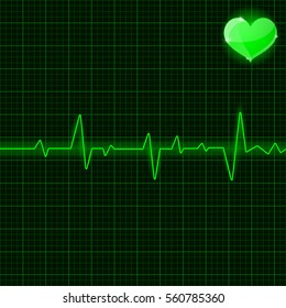 Green electrocardiogram. With heart symbol. Vector 3d illustration.