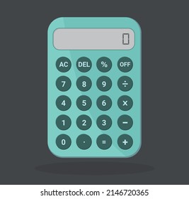 Green electronic calculator in flat style. Pocket calculators for finance, business, math, and education, Digital keypad math device, vector illustration.