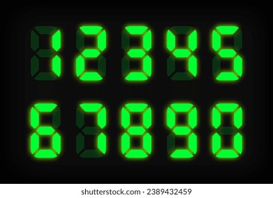 Green electronic numbers on black background. LED clock. Digital Watch. Electronic dial. Digital alarm clock. Vector illustration