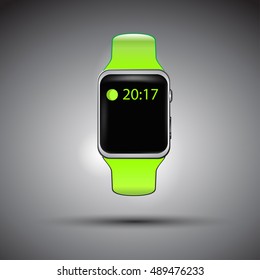 Green electronic smart watch vector image isolated on gray background

