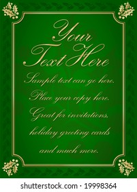 Green Elegant Gold Holly Bordered Background with Room For Your Own Text.