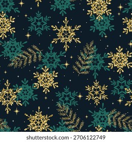 Patrón de copo de nieve elegante verde. Decoración navideña. Ornamento verde y oro del año Nuevo.