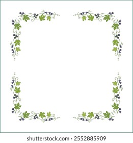 Green elegant vector decorative frame with purple figs, vegetal ornamental frame with figs leaves and fruits, decorative border, corners. Isolated vector illustration.	
