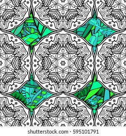 Green element on stripes background. Green outline floral decor. Eastern style element. Vector sketch for invitations, cards, certificate, web page. Vector line art seamless border for design template