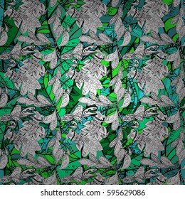 Green element on stripes background. Antique green repeatable wallpaper. Stripe stripes floral ornament in baroque style. Damask seamless pattern repeating background.