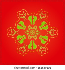 Green Element in Shape of Christmas Snowflake on Red Background. Vector Illustration.