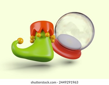 Green elf boot with decorative red bells, empty glass snow globe