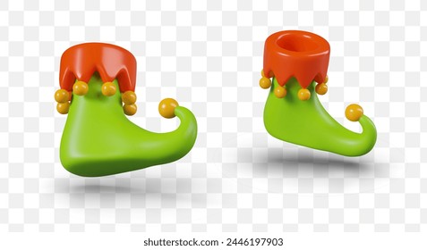 Green elf boots with red trim. Realistic objects in different positions