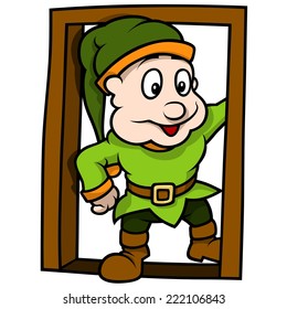 Green Elf At The Door - Cartoon Illustration, Vector