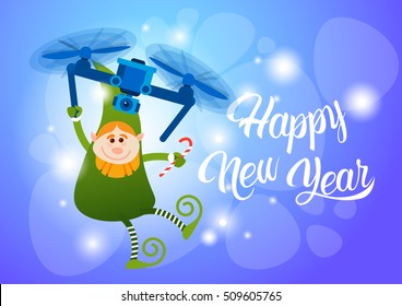 Green Elf Flying On Drone Present Delivery, Happy New Year Merry Christmas Holiday Banner Flat Vector Illustration