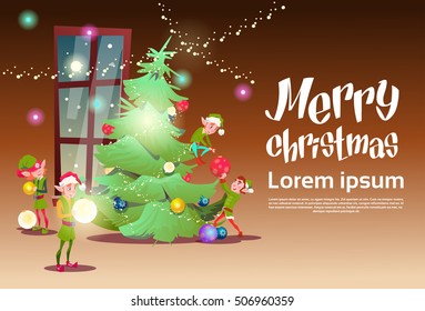 Green Elf Group Decorate Christmas Tree Greeting Card Decoration Happy New Year Banner Flat Vector Illustration